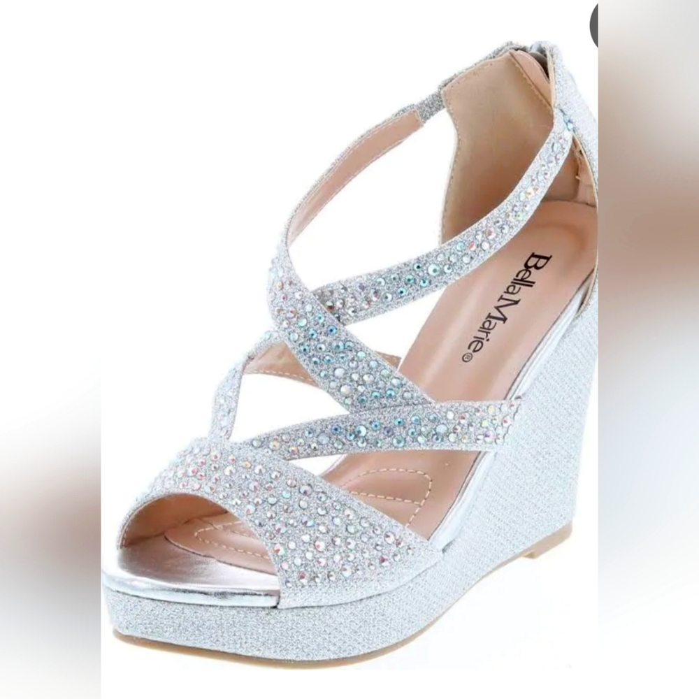 Silver Rhinestone faux leather wedge sandals size 8.5 women's.